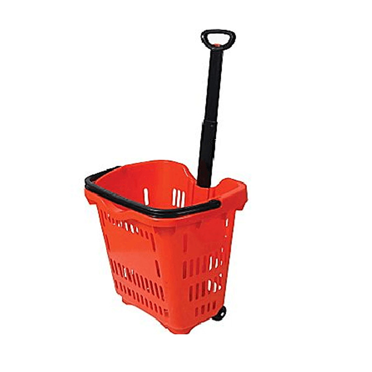High load-bearing plastic red rolling shopping basket