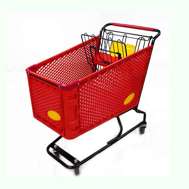 Supermarket red metal and plastic shopping trolley carts